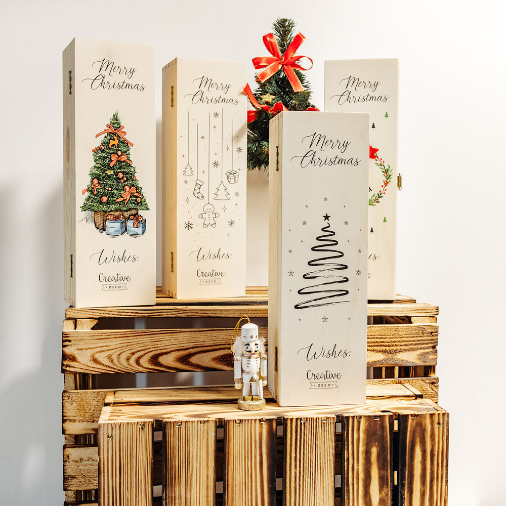 Świąteczne drewniane pudełko na wino, personalizowane