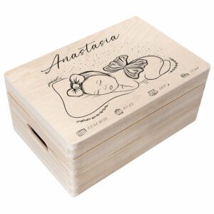 Drewniane pudełko z rączkami, skrzynka pamiątkowa dla dziecka, urodziny, personalizowana, 30 x 20 x 14 cm